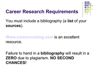 Career Research Requirements
You must include a bibliography (a list of your
sources).
Www.careercruising.com is an excellent
resource.
Failure to hand in a bibliography will result in a
ZERO due to plagiarism. NO SECOND
CHANCES!
 