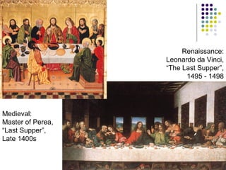 Renaissance:
Leonardo da Vinci,
“The Last Supper”,
1495 - 1498

Medieval:
Master of Perea,
“Last Supper”,
Late 1400s

 