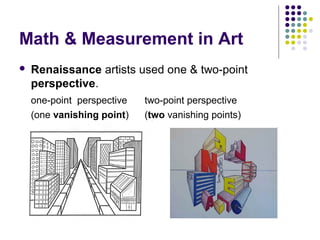 Math & Measurement in Art


Renaissance artists used one & two-point
perspective.
one-point perspective
(one vanishing point)

two-point perspective
(two vanishing points)

 