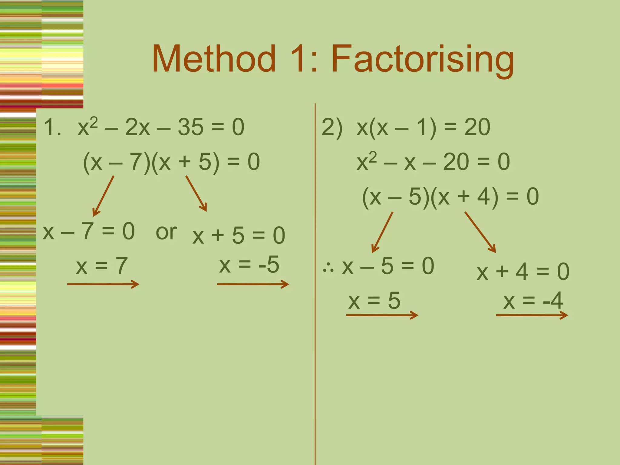 Method 1: Factorisingx2 – 2x – 35 = 0      (x – 7)(x + 5) = 0x – 7 = 0   or     x = 7x(x – 1) = 20	x2 – x – 20 = 0      (x – 5)(x + 4) = 0∴ x – 5 = 0    x = 5x + 5 = 0    x = -5x + 4 = 0    x = -4