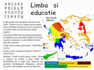 Dialect Doric
Limba greacă este una dintre cele mai vechi
limbi. Acesta a avut un impact enorm asupra
tuturor limbilor moderne pe care le cunoaștem
și vorbim astăzi, în special pentru limba
engleză.
Este prima limbă indo-europeană înregistrată,
iar alfabetul elen este primul alfabet ce include
vocalele comparativ cu alte alfabete formate
doar din consoane .
Limba Elenă conține aproximativ 5.000.000 de
cuvinte.
Există o mare varietate de dialecte vorbite în
toată Grecia .
Studenții învață în şcoli greaca veche , latina
şi engleza iar pentru a doua limbă au
posibilitatea de a alege între franceză sau
germană. Învățământul obligatoriu durează
nouă ani. Universitățile de stat sunt fără taxe.
Dialect Ionic/atic Dialect Eolic
Dialect arcado-chipriot Dialect nord-occidental
 