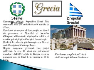 Stema
Greciei
Drapelul
GrecieiDenumirea oficială: Republica Elenă fiind
cunoscută încă din antichitate sub numele de
Elada.
Este locul de naștere al democrației ca formă
de guvernare, al filosofiei, al Jocurilor
Olimpice, al literaturii, al științelor politice, al
marilor principii științifice și al dramaturgiei.
Realizările culturale și tehnologice ale Greciei
au influențat mult întreaga lume.
Bogata moștenire grecească este parțial
reflectată de cele 18 situri din patrimoniul
mondial UNESCO aflate în Grecia, ceea ce
plasează țara pe locul 6 în Europa și 13 în
lume.
Parthenon templu în stil doric
dedicat zeiței Athena Parthenos
 