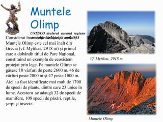 Considerat în antichitate lăcaşul zeilor,
Muntele Olimp este cel mai înalt din
Grecia (vf. Mytikas, 2918 m) şi primul
care a dobândit titlul de Parc Naţional,
constituind un exemplu de ecosistem
protejat prin lege. Pe muntele Olimp se
găsesc 10 vârfuri de peste 2600 m, 46 de
vârfuri peste 2000 m şi 47 peste 1000 m.
Aici au fost identificate mai mult de 1700
de specii de plante, dintre care 23 unice în
lume. Acestora se adaugă 32 de specii de
mamifere, 108 specii de păsări, reptile,
şerpi şi insecte.
Muntele
Olimp
UNESCO declareă această regiune
rezervație biologică în anul 1988
Muntele Olimp
Vf. Mytikas, 2918 m
 