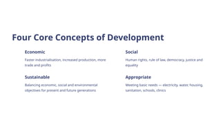 Four Core Concepts of Development
Economic
Faster industrialisation, increased production, more
trade and profits
Social
Human rights, rule of law, democracy, justice and
equality
Sustainable
Balancing economic, social and environmental
objectives for present and future generations
Appropriate
Meeting basic needs — electricity, water, housing,
sanitation, schools, clinics
 