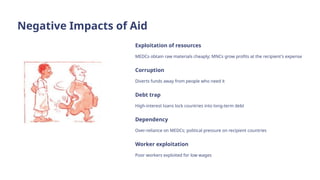 Negative Impacts of Aid
Exploitation of resources
MEDCs obtain raw materials cheaply; MNCs grow profits at the recipient's expense
Corruption
Diverts funds away from people who need it
Debt trap
High-interest loans lock countries into long-term debt
Dependency
Over-reliance on MEDCs; political pressure on recipient countries
Worker exploitation
Poor workers exploited for low wages
 