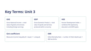 Key Terms: Unit 3
GNI
Gross National Income — total
value of goods and services
including foreign earnings
GDP
Gross Domestic Product — total
value of goods and services
produced within a country
HDI
Human Development Index —
combines life expectancy,
education and GDP/capita
Gini coefficient
Measures income inequality (0 = equal; 1 = unequal)
IMR
Infant Mortality Rate — number of infant deaths per 1
000 live births
 