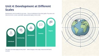 Unit 4: Development at Different
Scales
Development can be studied at any scale — from an individual to the entire globe. The same core
ideas (economic, social, sustainable, appropriate) apply at every scale.
Individual
Community
Settlement
Country
Region
The same core ideas apply at every level — what changes is the scope, resources and actors
involved.
 