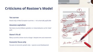 Criticisms of Rostow's Model
Too narrow
Based only on West European countries — not universally applicable
Assumes capitalism
Not every country follows capitalism or industrialisation as the 'ideal'
path
Doesn't fit all
Many countries remain stuck at Stage 1 despite time and investment
Economic focus only
Focuses on economic growth only — ignores social development
 