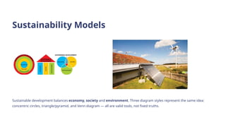 Sustainability Models
Sustainable development balances economy, society and environment. Three diagram styles represent the same idea:
concentric circles, triangle/pyramid, and Venn diagram — all are valid tools, not fixed truths.
 