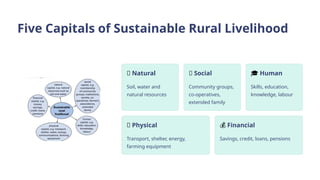Five Capitals of Sustainable Rural Livelihood
🌿 Natural
Soil, water and
natural resources
🤝 Social
Community groups,
co-operatives,
extended family
🎓 Human
Skills, education,
knowledge, labour
🔧 Physical
Transport, shelter, energy,
farming equipment
💰 Financial
Savings, credit, loans, pensions
 