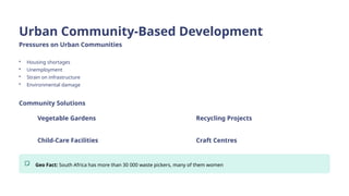 Urban Community-Based Development
Pressures on Urban Communities
• Housing shortages
• Unemployment
• Strain on infrastructure
• Environmental damage
Community Solutions
Vegetable Gardens Recycling Projects
Child-Care Facilities Craft Centres
Geo Fact: South Africa has more than 30 000 waste pickers, many of them women
 