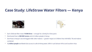 Case Study: LifeStraw Water Filters — Kenya
• Each LifeStraw filter treats 18 000 litres — enough for a family for three years
• Distributed free to 900 000 homes and 4,3 million people in Kenya
• Diarrhoea is Kenya's second-biggest killer after malaria — greater impact on children than HIV/AIDS, TB and malaria
combined
• 1,2 billion people worldwide lack access to safe drinking water; 60% in sub-Saharan Africa and southern Asia
 