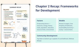 Chapter 2 Recap: Frameworks
for Development
Factors
8 interacting factors —
resources, energy, history,
trade, population, education,
resource limits, environment
Models
Rostow (5 stages), Core-
Periphery (Friedmann),
Sustainability (economy +
society + environment)
Community Development
Top-down vs bottom-up; 5 capitals of rural livelihood; LifeStraw
(Kenya)
 