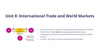 Unit 8: International Trade and World Markets
• International trade = exchange of goods between countries across borders
• Oldest form of trade: barter (exchanging goods without money)
• Developing countries export raw materials/manufactured goods to MEDC
markets
• In return, they import manufactured products/commodities
 
