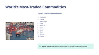 World's Most-Traded Commodities
Top 10 Traded Commodities
1. Crude oil
2. Coffee
3. Natural gas
4. Gold
5. Brent oil
6. Silver
7. Sugar
8. Corn
9. Wheat
10. Cotton
South Africa ranks 36th in world trade — roughly 0,5% of world total
 
