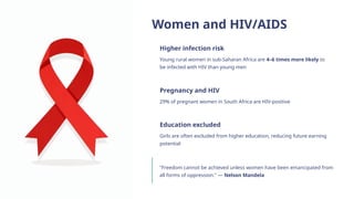 Women and HIV/AIDS
Higher infection risk
Young rural women in sub-Saharan Africa are 4–6 times more likely to
be infected with HIV than young men
Pregnancy and HIV
29% of pregnant women in South Africa are HIV-positive
Education excluded
Girls are often excluded from higher education, reducing future earning
potential
"Freedom cannot be achieved unless women have been emancipated from
all forms of oppression." — Nelson Mandela
 