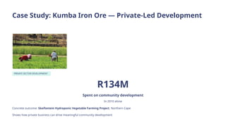 Case Study: Kumba Iron Ore — Private-Led Development
PRIVATE SECTOR DEVELOPMENT
R134M
Spent on community development
In 2010 alone
Concrete outcome: Skeifontein Hydroponic Vegetable Farming Project, Northern Cape
Shows how private business can drive meaningful community development
 
