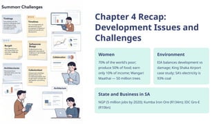Chapter 4 Recap:
Development Issues and
Challenges
Women
70% of the world's poor;
produce 50% of food; earn
only 10% of income; Wangari
Maathai — 50 million trees
Environment
EIA balances development vs
damage; King Shaka Airport
case study; SA's electricity is
93% coal
State and Business in SA
NGP (5 million jobs by 2020); Kumba Iron Ore (R134m); IDC Gro-E
(R10bn)
 
