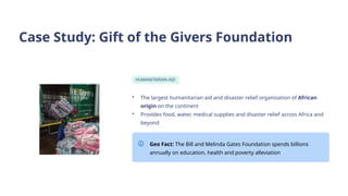 Case Study: Gift of the Givers Foundation
HUMANITARIAN AID
• The largest humanitarian aid and disaster relief organisation of African
origin on the continent
• Provides food, water, medical supplies and disaster relief across Africa and
beyond
Geo Fact: The Bill and Melinda Gates Foundation spends billions
annually on education, health and poverty alleviation
 