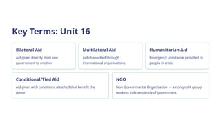 Key Terms: Unit 16
Bilateral Aid
Aid given directly from one
government to another
Multilateral Aid
Aid channelled through
international organisations
Humanitarian Aid
Emergency assistance provided to
people in crisis
Conditional/Tied Aid
Aid given with conditions attached that benefit the
donor
NGO
Non-Governmental Organisation — a non-profit group
working independently of government
 