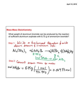 April 12, 2010




Mass-Mass Stoichiometry

 What weight of aluminum bromide can be produced by the reaction
 of sufficient aluminum sulphate with 8.75 g of ammonium bromide?


 Step 1:




  Step 2:
 