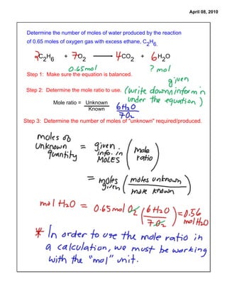 April 08, 2010



 Determine the number of moles of water produced by the reaction
 of 0.65 moles of oxygen gas with excess ethane, C2H6.

      C2H6      +     O2                    CO2   +   H2O

 Step 1: Make sure the equation is balanced.

 Step 2: Determine the mole ratio to use.

            Mole ratio = Unknown
                          Known

Step 3: Determine the number of moles of "unknown" required/produced.
 