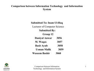 Comparison between Information Technology and Information
System
Submitted To: Inam Ul-Haq
Lecturer of Computer Science
Submitted By:
Group 12
Daniyal Anwar 3056
M. Waqas 3057
Basit Ayub 3058
Usman Malik 3059
Waseem Bashir 3060
Comparison between Information
Technology and Information System
1
 