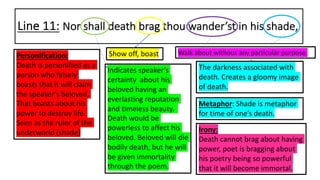 Line 11: Nor shall death brag thou wander’st in his shade,
The darkness associated with
death. Creates a gloomy image
of death.
Show off, boast Walk about without any particular purpose.
Personification:
Death is personified as a
person who falsely
boasts that it will claim
the speaker’s beloved.
That boasts about his
power to destroy life.
Seen as the ruler of the
underworld (shade)
Indicates speaker’s
certainty about his
beloved having an
everlasting reputation
and timeless beauty.
Death would be
powerless to affect his
beloved. Beloved will die
bodily death, but he will
be given immortality
through the poem.
Metaphor: Shade is metaphor
for time of one’s death.
Irony:
Death cannot brag about having
power, poet is bragging about
his poetry being so powerful
that it will become immortal.
 