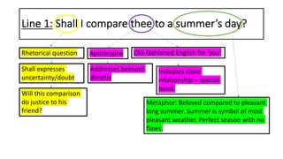 Line 1: Shall I compare thee to a summer’s day?
Rhetorical question
Shall expresses
uncertainty/doubt
Will this comparison
do justice to his
friend?
Apostrophe
Addresses beloved
dircetly
Old-fashioned English for ‘you’
Indicates close
relationship – special
bond.
Metaphor: Beloved compared to pleasant
long summer. Summer is symbol of most
pleasant weather. Perfect season with no
flaws.
 