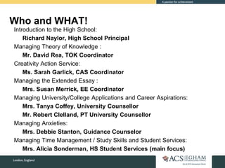 Who and WHAT!
Introduction to the High School:
Richard Naylor, High School Principal
Managing Theory of Knowledge :
Mr. David Rea, TOK Coordinator
Creativity Action Service:
Ms. Sarah Garlick, CAS Coordinator
Managing the Extended Essay :
Mrs. Susan Merrick, EE Coordinator
Managing University/College Applications and Career Aspirations:
Mrs. Tanya Coffey, University Counsellor
Mr. Robert Clelland, PT University Counsellor
Managing Anxieties:
Mrs. Debbie Stanton, Guidance Counselor
Managing Time Management / Study Skills and Student Services:
Mrs. Alicia Sonderman, HS Student Services (main focus)
 