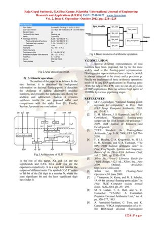 Raja Gopal Surineedi, G.S.Siva Kumar, P.Sunitha / International Journal of Engineering
            Research and Applications (IJERA) ISSN: 2248-9622 www.ijera.com
                   Vol. 2, Issue 5, September- October 2012, pp.1221-1225




                                                              Fig 4.Basic modules of arithmetic operation

                                                          V.CONCLUSION
                                                                   Several different representations of real
                                                          numbers have been proposed, but by far the most
                                                          widely used is the floating-point representation.
                 Fig 2.Area utilization report.
                                                          Floating-point representations have a base b (which
                                                          is always assumed to be even) and a precision p.
    2) Arithmetic operations
                                                          Finally we implement all basic arithmetic operations
         The outline of the paper is as follows. In the
                                                          involved in any DSP applications in Floating point
next Section, it is described the background
                                                          .With the help of this FPU core we can do any kind
information on decimal floating-point. It describes
                                                          of DSP applications. Here we achieve high speed of
the challenge of adding decimal64 encoded
                                                          130MHz by various pipelining stages.
numbers, and presents the technique and theory for
addition and subtraction. Section 4 presents
synthesis results for our proposed adder and
                                                          REFERENCES:
comparisons with the adder from [9]. Finally,               [1]   M. F. Cowlishaw, “Decimal floating-point:
Section 5 presents our conclusions.                               algorism for computers,” in Proc. 16th
                                                                  IEEE Symp. Computer Arithmetic, 2003,
                                                                  pp. 104–111.
                                                            [2]   E. M. Schwarz, J. S. Kapernick, and M. F.
                                                                  Cowlishaw,       “Decimal     floating-point
                                                                  support on the IBM System z10 processor,”
                                                                  2009, iBM Journal of Research and
                                                                  Development.
                                                            [3]   “IEEE      Standard for      Floating-Point
                                                                  Arithmetic,” pp. 1–58, 2008, iEEE Std 754-
                                                                  2008.
                                                            [4]   F. Y. Busaba, C. A. Krygowski, W. H. Li,
                                                                  E. M. Schwarz, and S. R. Carlough, “The
                                                                  IBM z900 decimal arithmetic unit,” in
                                                                  Proc. Conf Signals, Systems and Computers
                                                                  Record of the Thirty-Fifth Asilomar Conf,
             Fig 3.Architecture of FLU                            vol. 2, 2001, pp. 1335–1339.
                                                            [5]   Xilinx Inc. Virtex-5 Libraries Guide for
In the rest of this paper, AX and BX are the                      VHDL design, v12.1 ed., Xilinx Inc., June
significands and EAX, EBX andF EX are the                         2009.           [Online].         Available:
exponents respectively. X is a digit that denotes the             http://www.xilinx.com
outputs of different units. The symbol (N)Z T“ refers       [6]   Xilinx     Inc,    DS335:    Floating-Point
to Tth bit of the Zth digit in a number N, where the              Operator v5.0, June 2009.
least significant bit and the least significant digit       [7]   J. Thompson, N. Karra, and M. J. Schulte,
have index 0.                                                     “A 64-bit decimal floating-point adder,” in
                                                                  Proc. IEEE Computer society Annual
                                                                  Symp. VLSI, 2004, pp. 297–298.
                                                            [8]   M. S. Cohen, T. E. Hull, and V. C.
                                                                  Hamacher, “CADAC: A Controlled-
                                                                  Precision Decimal Arithmetic Unit,” no. 4,
                                                                  pp. 370–377, 1983.
                                                            [9]   A. Farmahini-Farahani, C. Tsen, and K.
                                                                  Compton, “FPGA implementation of a 64-
                                                                  Bit BID-based decimal floatingpoint

                                                                                              1224 | P a g e
 