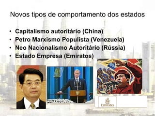 Novos tipos de comportamento dos estados Capitalismo autoritário (China) Petro Marxismo Populista (Venezuela) Neo Nacionalismo Autoritário (Rússia) Estado Empresa (Emiratos) 