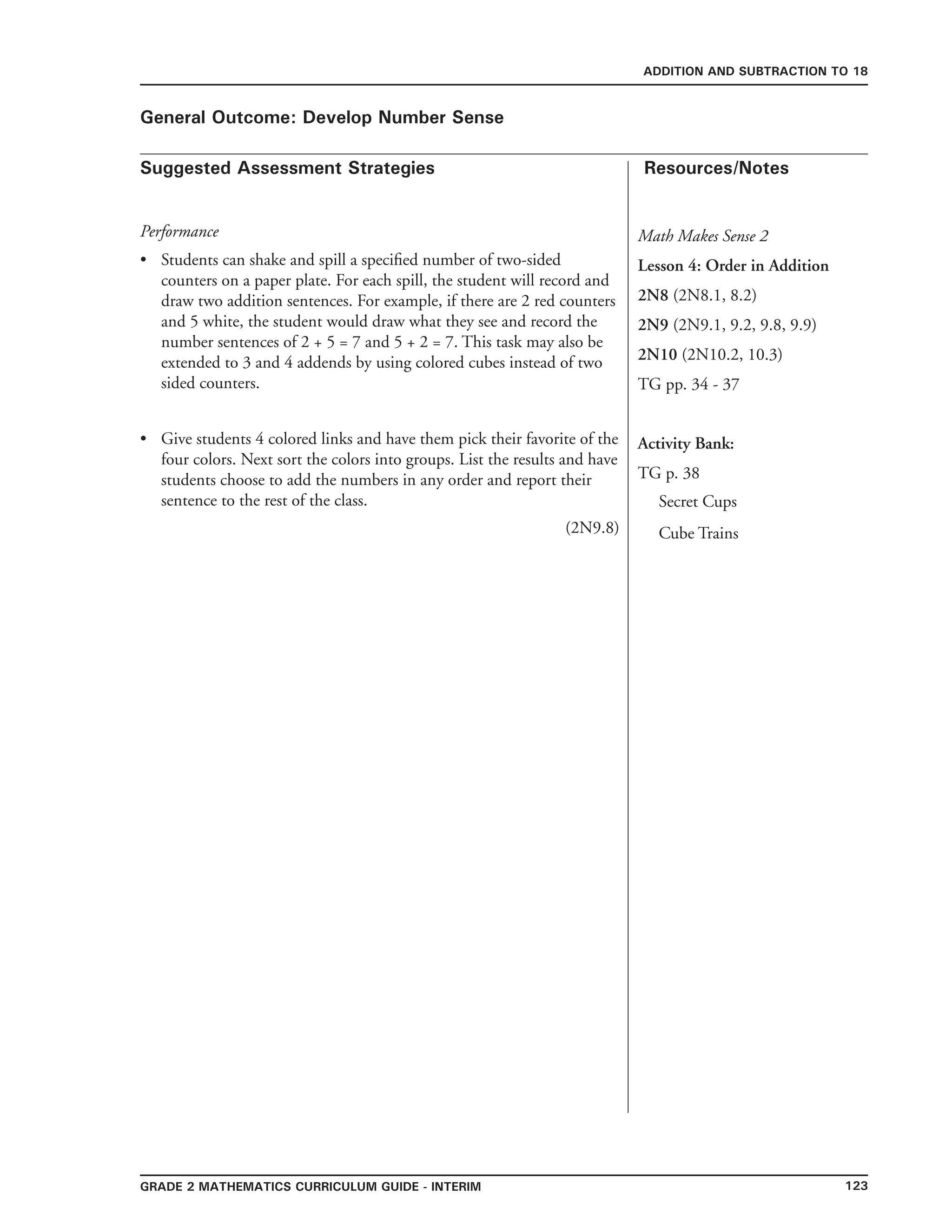 123Grade 2 mathematics Curriculum Guide - interim
Suggested Assessment Strategies Resources/Notes
ADDITION AND SUBTRACTION TO 18
General Outcome: Develop Number Sense
Math Makes Sense 2
Lesson 4: Order in Addition
2N8 (2N8.1, 8.2)
2N9 (2N9.1, 9.2, 9.8, 9.9)
2N10 (2N10.2, 10.3)
TG pp. 34 - 37
Activity Bank:
TG p. 38
Secret Cups
Cube Trains
Performance
Students can shake and spill a specified number of two-sided
counters on a paper plate. For each spill, the student will record and
draw two addition sentences. For example, if there are 2 red counters
and 5 white, the student would draw what they see and record the
number sentences of 2 + 5 = 7 and 5 + 2 = 7. This task may also be
extended to 3 and 4 addends by using colored cubes instead of two
sided counters.
Give students 4 colored links and have them pick their favorite of the
four colors. Next sort the colors into groups. List the results and have
students choose to add the numbers in any order and report their
sentence to the rest of the class.
(2N9.8)
•
•
 