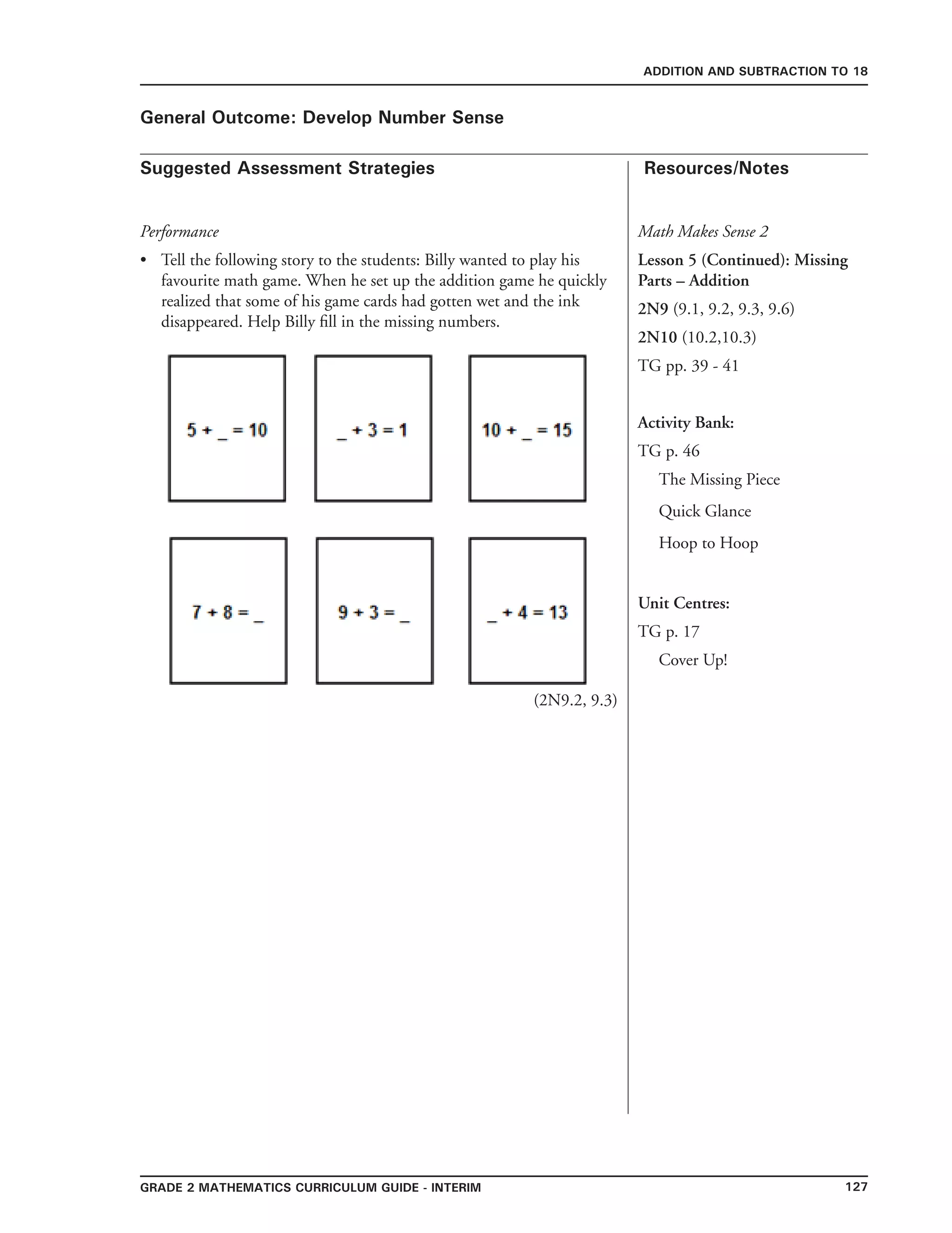 127Grade 2 mathematics Curriculum Guide - interim
Suggested Assessment Strategies Resources/Notes
ADDITION AND SUBTRACTION TO 18
General Outcome: Develop Number Sense
Performance
Tell the following story to the students: Billy wanted to play his
favourite math game. When he set up the addition game he quickly
realized that some of his game cards had gotten wet and the ink
disappeared. Help Billy fill in the missing numbers.
•
Math Makes Sense 2
Lesson 5 (Continued): Missing
Parts – Addition
2N9 (9.1, 9.2, 9.3, 9.6)
2N10 (10.2,10.3)
TG pp. 39 - 41
Activity Bank:
TG p. 46
The Missing Piece
Quick Glance
Hoop to Hoop
Unit Centres:
TG p. 17
Cover Up!
(2N9.2, 9.3)
 