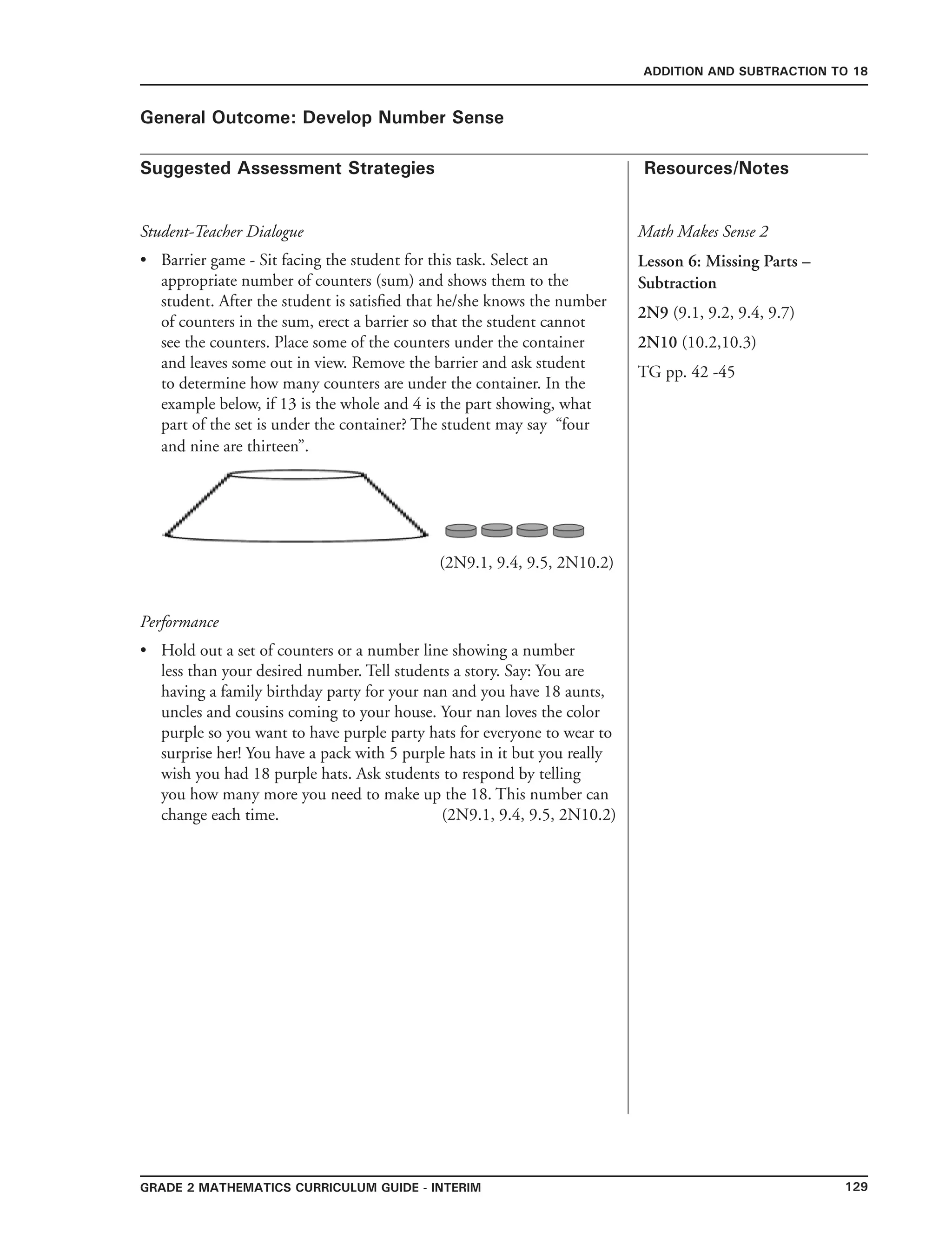 129Grade 2 mathematics Curriculum Guide - interim
Suggested Assessment Strategies Resources/Notes
ADDITION AND SUBTRACTION TO 18
General Outcome: Develop Number Sense
Student-Teacher Dialogue
Barrier game - Sit facing the student for this task. Select an
appropriate number of counters (sum) and shows them to the
student. After the student is satisfied that he/she knows the number
of counters in the sum, erect a barrier so that the student cannot
see the counters. Place some of the counters under the container
and leaves some out in view. Remove the barrier and ask student
to determine how many counters are under the container. In the
example below, if 13 is the whole and 4 is the part showing, what
part of the set is under the container? The student may say “four
and nine are thirteen”.
(2N9.1, 9.4, 9.5, 2N10.2)
Performance
Hold out a set of counters or a number line showing a number
less than your desired number. Tell students a story. Say: You are
having a family birthday party for your nan and you have 18 aunts,
uncles and cousins coming to your house. Your nan loves the color
purple so you want to have purple party hats for everyone to wear to
surprise her! You have a pack with 5 purple hats in it but you really
wish you had 18 purple hats. Ask students to respond by telling
you how many more you need to make up the 18. This number can
change each time. (2N9.1, 9.4, 9.5, 2N10.2)
•
•
Math Makes Sense 2
Lesson 6: Missing Parts –
Subtraction
2N9 (9.1, 9.2, 9.4, 9.7)
2N10 (10.2,10.3)
TG pp. 42 -45
 