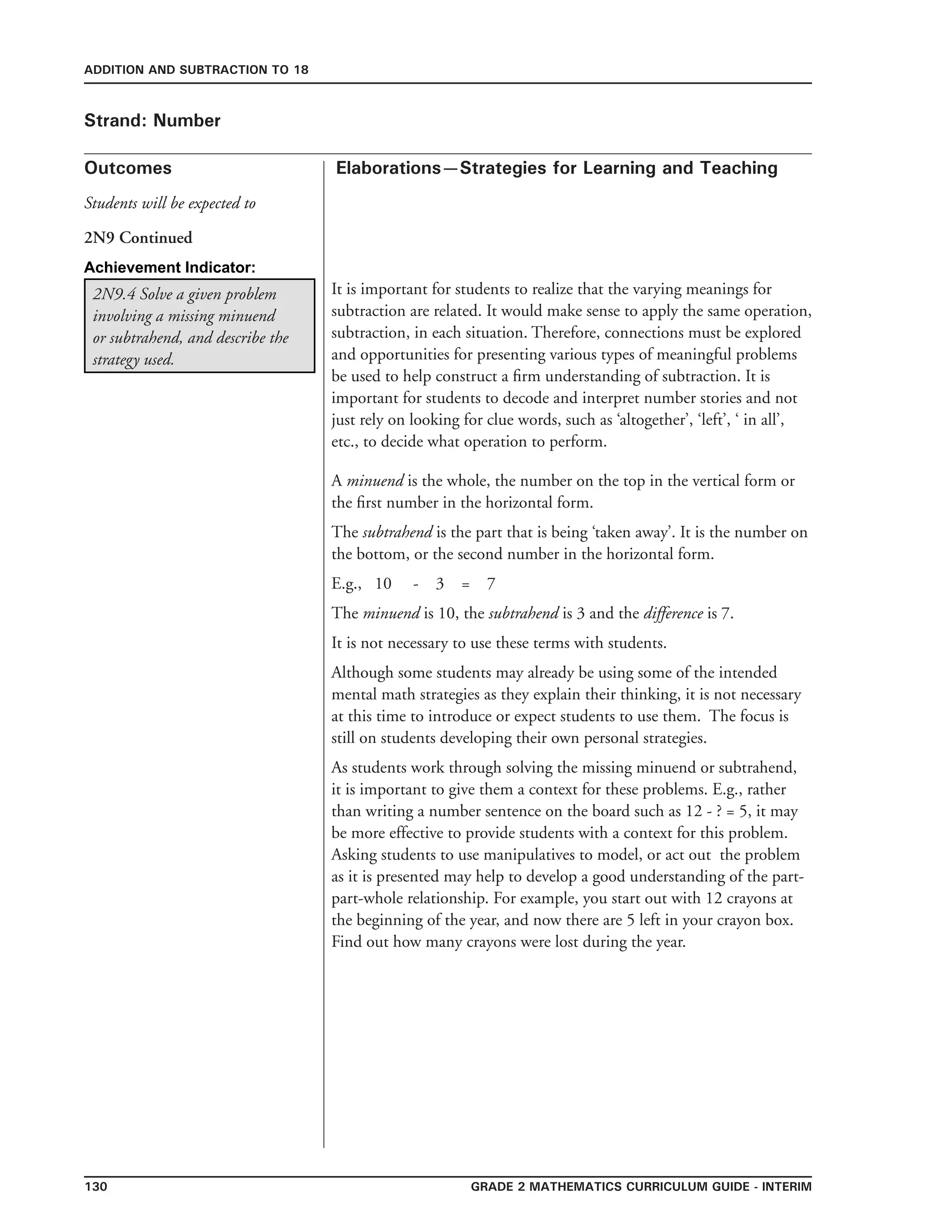 130 Grade 2 mathematics Curriculum Guide - interim
Outcomes
ADDITION AND SUBTRACTION TO 18
Elaborations—Strategies for Learning and Teaching
Students will be expected to
Strand: Number
2N9 Continued
It is important for students to realize that the varying meanings for
subtraction are related. It would make sense to apply the same operation,
subtraction, in each situation. Therefore, connections must be explored
and opportunities for presenting various types of meaningful problems
be used to help construct a firm understanding of subtraction. It is
important for students to decode and interpret number stories and not
just rely on looking for clue words, such as ‘altogether’, ‘left’, ‘ in all’,
etc., to decide what operation to perform.
2N9.4 Solve a given problem
involving a missing minuend
or subtrahend, and describe the
strategy used.
A minuend is the whole, the number on the top in the vertical form or
the first number in the horizontal form.
The subtrahend is the part that is being ‘taken away’. It is the number on
the bottom, or the second number in the horizontal form.
E.g., 10 - 3 = 7
The minuend is 10, the subtrahend is 3 and the difference is 7.
It is not necessary to use these terms with students.
Although some students may already be using some of the intended
mental math strategies as they explain their thinking, it is not necessary
at this time to introduce or expect students to use them. The focus is
still on students developing their own personal strategies.
As students work through solving the missing minuend or subtrahend,
it is important to give them a context for these problems. E.g., rather
than writing a number sentence on the board such as 12 - ? = 5, it may
be more effective to provide students with a context for this problem.
Asking students to use manipulatives to model, or act out the problem
as it is presented may help to develop a good understanding of the part-
part-whole relationship. For example, you start out with 12 crayons at
the beginning of the year, and now there are 5 left in your crayon box.
Find out how many crayons were lost during the year.
Achievement Indicator:
 