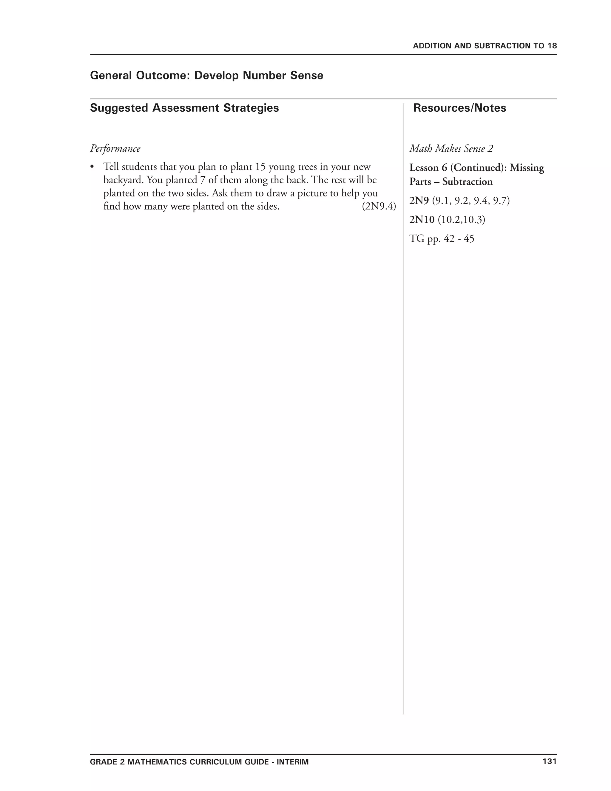 131Grade 2 mathematics Curriculum Guide - interim
Suggested Assessment Strategies Resources/Notes
ADDITION AND SUBTRACTION TO 18
General Outcome: Develop Number Sense
Math Makes Sense 2
Lesson 6 (Continued): Missing
Parts – Subtraction
2N9 (9.1, 9.2, 9.4, 9.7)
2N10 (10.2,10.3)
TG pp. 42 - 45
Performance
Tell students that you plan to plant 15 young trees in your new
backyard. You planted 7 of them along the back. The rest will be
planted on the two sides. Ask them to draw a picture to help you
find how many were planted on the sides. (2N9.4)
•
 