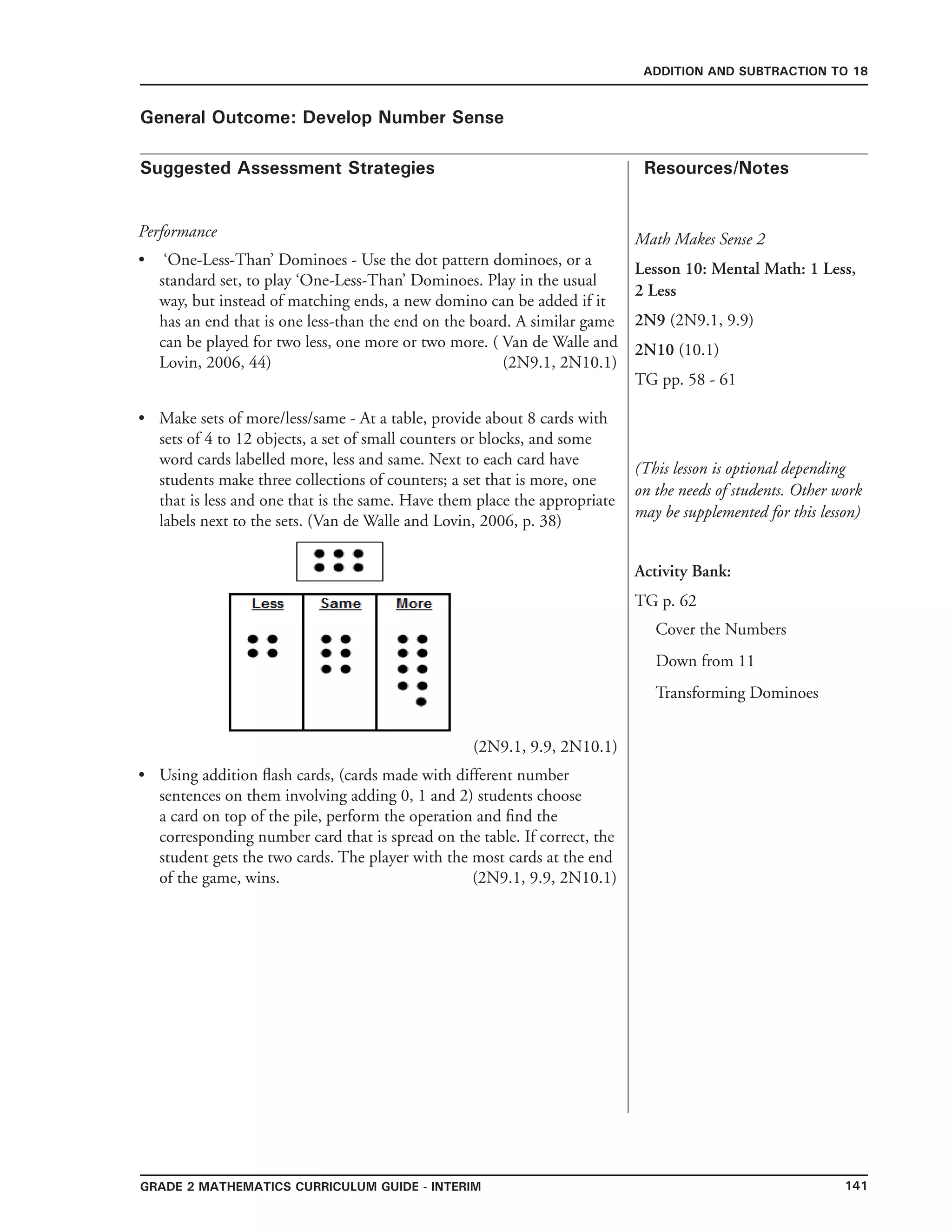141Grade 2 mathematics Curriculum Guide - interim
Suggested Assessment Strategies Resources/Notes
ADDITION AND SUBTRACTION TO 18
General Outcome: Develop Number Sense
Performance
‘One-Less-Than’ Dominoes - Use the dot pattern dominoes, or a
standard set, to play ‘One-Less-Than’ Dominoes. Play in the usual
way, but instead of matching ends, a new domino can be added if it
has an end that is one less-than the end on the board. A similar game
can be played for two less, one more or two more. ( Van de Walle and
Lovin, 2006, 44) (2N9.1, 2N10.1)
Make sets of more/less/same - At a table, provide about 8 cards with
sets of 4 to 12 objects, a set of small counters or blocks, and some
word cards labelled more, less and same. Next to each card have
students make three collections of counters; a set that is more, one
that is less and one that is the same. Have them place the appropriate
labels next to the sets. (Van de Walle and Lovin, 2006, p. 38)
(2N9.1, 9.9, 2N10.1)
Using addition flash cards, (cards made with different number
sentences on them involving adding 0, 1 and 2) students choose
a card on top of the pile, perform the operation and find the
corresponding number card that is spread on the table. If correct, the
student gets the two cards. The player with the most cards at the end
of the game, wins. (2N9.1, 9.9, 2N10.1)
•
•
•
Math Makes Sense 2
Lesson 10: Mental Math: 1 Less,
2 Less
2N9 (2N9.1, 9.9)
2N10 (10.1)
TG pp. 58 - 61
(This lesson is optional depending
on the needs of students. Other work
may be supplemented for this lesson)
Activity Bank:
TG p. 62
Cover the Numbers
Down from 11
Transforming Dominoes
 