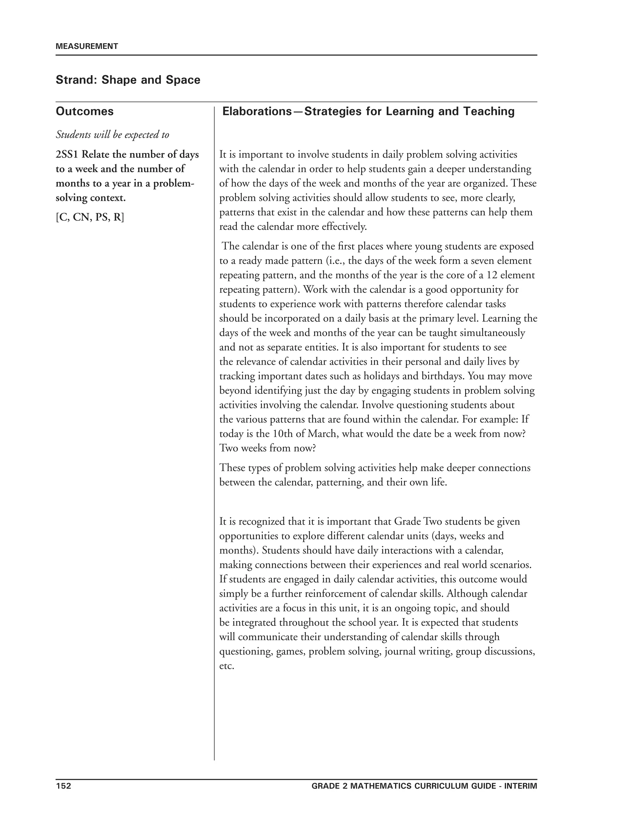 152 Grade 2 mathematics Curriculum Guide - INTERIM
Outcomes
MEASUREMENT
Elaborations—Strategies for Learning and Teaching
Students will be expected to
Strand: Shape and Space
2SS1 Relate the number of days
to a week and the number of
months to a year in a problem-
solving context.
[C, CN, PS, R]
It is important to involve students in daily problem solving activities
with the calendar in order to help students gain a deeper understanding
of how the days of the week and months of the year are organized. These
problem solving activities should allow students to see, more clearly,
patterns that exist in the calendar and how these patterns can help them
read the calendar more effectively.
The calendar is one of the first places where young students are exposed
to a ready made pattern (i.e., the days of the week form a seven element
repeating pattern, and the months of the year is the core of a 12 element
repeating pattern). Work with the calendar is a good opportunity for
students to experience work with patterns therefore calendar tasks
should be incorporated on a daily basis at the primary level. Learning the
days of the week and months of the year can be taught simultaneously
and not as separate entities. It is also important for students to see
the relevance of calendar activities in their personal and daily lives by
tracking important dates such as holidays and birthdays. You may move
beyond identifying just the day by engaging students in problem solving
activities involving the calendar. Involve questioning students about
the various patterns that are found within the calendar. For example: If
today is the 10th of March, what would the date be a week from now?
Two weeks from now?
These types of problem solving activities help make deeper connections
between the calendar, patterning, and their own life.
It is recognized that it is important that Grade Two students be given
opportunities to explore different calendar units (days, weeks and
months). Students should have daily interactions with a calendar,
making connections between their experiences and real world scenarios.
If students are engaged in daily calendar activities, this outcome would
simply be a further reinforcement of calendar skills. Although calendar
activities are a focus in this unit, it is an ongoing topic, and should
be integrated throughout the school year. It is expected that students
will communicate their understanding of calendar skills through
questioning, games, problem solving, journal writing, group discussions,
etc.
 