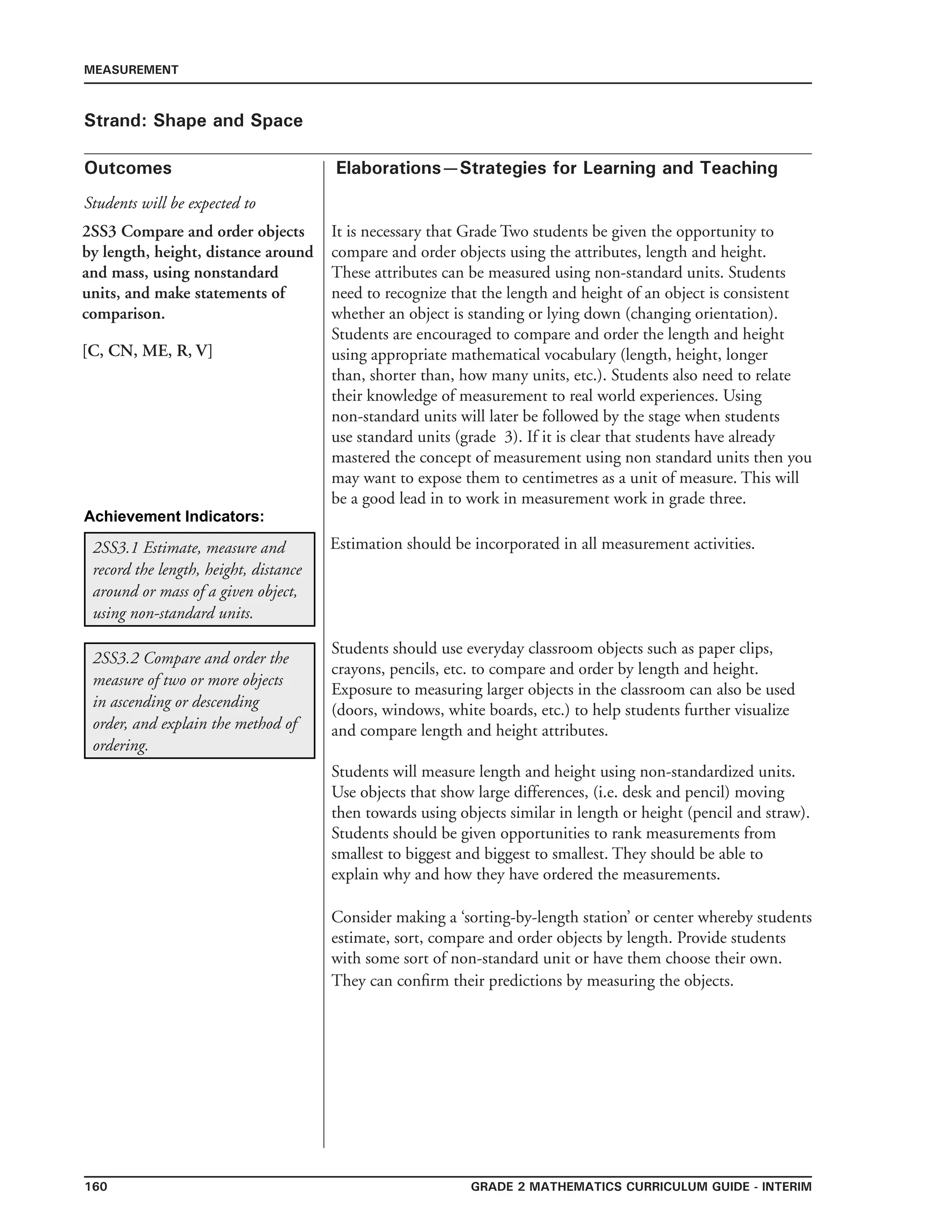 160 Grade 2 mathematics Curriculum Guide - INTERIM
Outcomes
MEASUREMENT
Elaborations—Strategies for Learning and Teaching
Students will be expected to
Strand: Shape and Space
2SS3 Compare and order objects
by length, height, distance around
and mass, using nonstandard
units, and make statements of
comparison.
[C, CN, ME, R, V]
It is necessary that Grade Two students be given the opportunity to
compare and order objects using the attributes, length and height.
These attributes can be measured using non-standard units. Students
need to recognize that the length and height of an object is consistent
whether an object is standing or lying down (changing orientation).
Students are encouraged to compare and order the length and height
using appropriate mathematical vocabulary (length, height, longer
than, shorter than, how many units, etc.). Students also need to relate
their knowledge of measurement to real world experiences. Using
non-standard units will later be followed by the stage when students
use standard units (grade 3). If it is clear that students have already
mastered the concept of measurement using non standard units then you
may want to expose them to centimetres as a unit of measure. This will
be a good lead in to work in measurement work in grade three.
2SS3.2 Compare and order the
measure of two or more objects
in ascending or descending
order, and explain the method of
ordering.
Students should use everyday classroom objects such as paper clips,
crayons, pencils, etc. to compare and order by length and height.
Exposure to measuring larger objects in the classroom can also be used
(doors, windows, white boards, etc.) to help students further visualize
and compare length and height attributes.
Students will measure length and height using non-standardized units.
Use objects that show large differences, (i.e. desk and pencil) moving
then towards using objects similar in length or height (pencil and straw).
Students should be given opportunities to rank measurements from
smallest to biggest and biggest to smallest. They should be able to
explain why and how they have ordered the measurements.
Consider making a ‘sorting-by-length station’ or center whereby students
estimate, sort, compare and order objects by length. Provide students
with some sort of non-standard unit or have them choose their own.
They can confirm their predictions by measuring the objects.
2SS3.1 Estimate, measure and
record the length, height, distance
around or mass of a given object,
using non-standard units.
Estimation should be incorporated in all measurement activities.
Achievement Indicators:
 