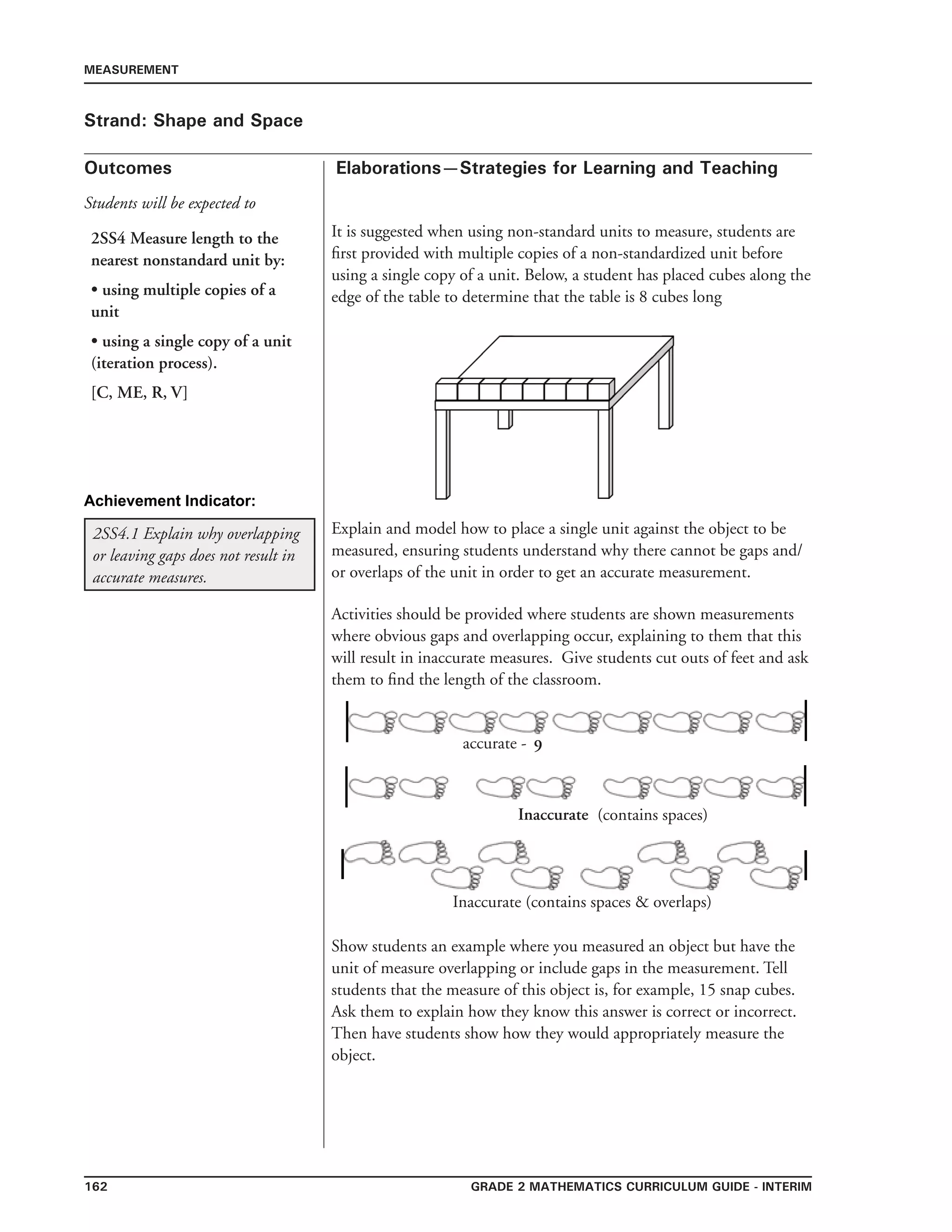 162 Grade 2 mathematics Curriculum Guide - INTERIM
Outcomes
MEASUREMENT
Elaborations—Strategies for Learning and Teaching
Students will be expected to
Strand: Shape and Space
2SS4 Measure length to the
nearest nonstandard unit by:
• using multiple copies of a
unit
• using a single copy of a unit
(iteration process).
[C, ME, R, V]
2SS4.1 Explain why overlapping
or leaving gaps does not result in
accurate measures.
Activities should be provided where students are shown measurements
where obvious gaps and overlapping occur, explaining to them that this
will result in inaccurate measures. Give students cut outs of feet and ask
them to find the length of the classroom.
Show students an example where you measured an object but have the
unit of measure overlapping or include gaps in the measurement. Tell
students that the measure of this object is, for example, 15 snap cubes.
Ask them to explain how they know this answer is correct or incorrect.
Then have students show how they would appropriately measure the
object.
It is suggested when using non-standard units to measure, students are
first provided with multiple copies of a non-standardized unit before
using a single copy of a unit. Below, a student has placed cubes along the
edge of the table to determine that the table is 8 cubes long
Explain and model how to place a single unit against the object to be
measured, ensuring students understand why there cannot be gaps and/
or overlaps of the unit in order to get an accurate measurement.
Achievement Indicator:
9
Inaccurate
accurate -
(contains spaces)
Inaccurate (contains spaces  overlaps)
 