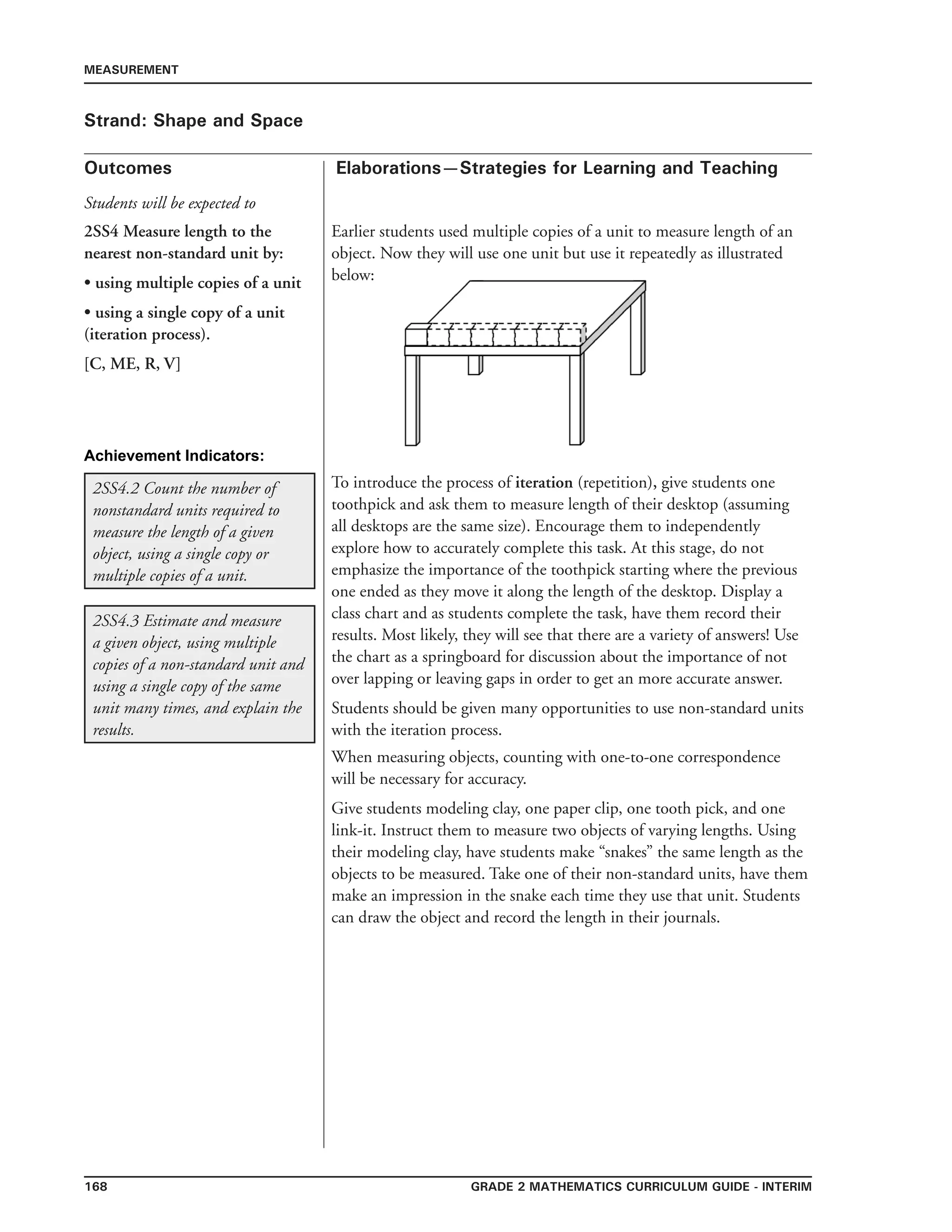 168 Grade 2 mathematics Curriculum Guide - INTERIM
Outcomes
MEASUREMENT
Elaborations—Strategies for Learning and Teaching
Students will be expected to
Strand: Shape and Space
2SS4 Measure length to the
nearest non-standard unit by:
• using multiple copies of a unit
• using a single copy of a unit
(iteration process).
[C, ME, R, V]
Earlier students used multiple copies of a unit to measure length of an
object. Now they will use one unit but use it repeatedly as illustrated
below:
To introduce the process of iteration (repetition), give students one
toothpick and ask them to measure length of their desktop (assuming
all desktops are the same size). Encourage them to independently
explore how to accurately complete this task. At this stage, do not
emphasize the importance of the toothpick starting where the previous
one ended as they move it along the length of the desktop. Display a
class chart and as students complete the task, have them record their
results. Most likely, they will see that there are a variety of answers! Use
the chart as a springboard for discussion about the importance of not
over lapping or leaving gaps in order to get an more accurate answer.
Students should be given many opportunities to use non-standard units
with the iteration process.
2SS4.2 Count the number of
nonstandard units required to
measure the length of a given
object, using a single copy or
multiple copies of a unit.
2SS4.3 Estimate and measure
a given object, using multiple
copies of a non-standard unit and
using a single copy of the same
unit many times, and explain the
results.
When measuring objects, counting with one-to-one correspondence
will be necessary for accuracy.
Give students modeling clay, one paper clip, one tooth pick, and one
link-it. Instruct them to measure two objects of varying lengths. Using
their modeling clay, have students make “snakes” the same length as the
objects to be measured. Take one of their non-standard units, have them
make an impression in the snake each time they use that unit. Students
can draw the object and record the length in their journals.
Achievement Indicators:
 