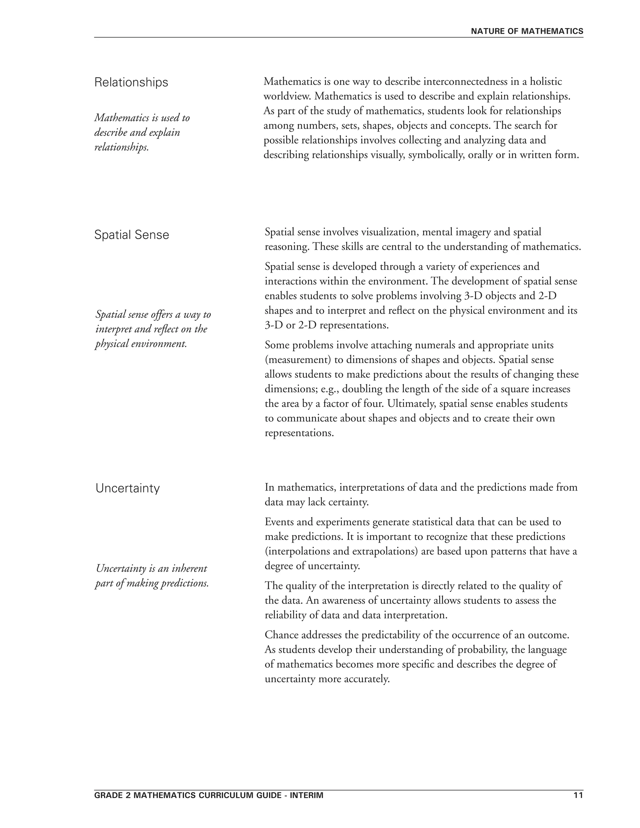 grade 2 mathematics curriculum guide - interim 11
Mathematics is one way to describe interconnectedness in a holistic
worldview. Mathematics is used to describe and explain relationships.
As part of the study of mathematics, students look for relationships
among numbers, sets, shapes, objects and concepts. The search for
possible relationships involves collecting and analyzing data and
describing relationships visually, symbolically, orally or in written form.
Spatial sense involves visualization, mental imagery and spatial
reasoning. These skills are central to the understanding of mathematics.
Spatial sense is developed through a variety of experiences and
interactions within the environment. The development of spatial sense
enables students to solve problems involving 3-D objects and 2-D
shapes and to interpret and reflect on the physical environment and its
3-D or 2-D representations.
Some problems involve attaching numerals and appropriate units
(measurement) to dimensions of shapes and objects. Spatial sense
allows students to make predictions about the results of changing these
dimensions; e.g., doubling the length of the side of a square increases
the area by a factor of four. Ultimately, spatial sense enables students
to communicate about shapes and objects and to create their own
representations.
nature of mathematics
Relationships
Spatial Sense
Uncertainty In mathematics, interpretations of data and the predictions made from
data may lack certainty.
Events and experiments generate statistical data that can be used to
make predictions. It is important to recognize that these predictions
(interpolations and extrapolations) are based upon patterns that have a
degree of uncertainty.
The quality of the interpretation is directly related to the quality of
the data. An awareness of uncertainty allows students to assess the
reliability of data and data interpretation.
Chance addresses the predictability of the occurrence of an outcome.
As students develop their understanding of probability, the language
of mathematics becomes more specific and describes the degree of
uncertainty more accurately.
Mathematics is used to
describe and explain
relationships.
Spatial sense offers a way to
interpret and reflect on the
physical environment.
Uncertainty is an inherent
part of making predictions.
 