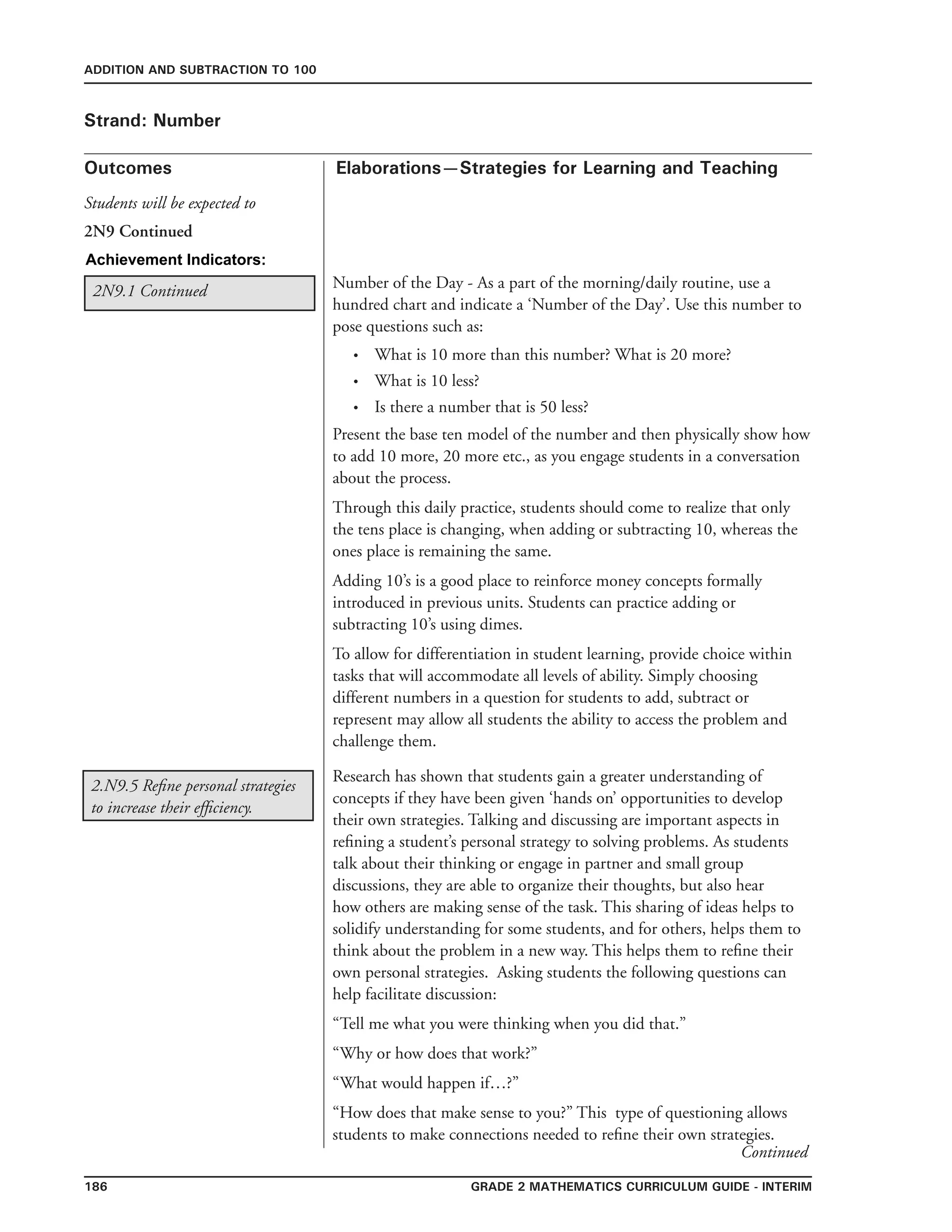 186 Grade 2 mathematics Curriculum Guide - INterim
Outcomes
ADDITION AND SUBTRACTION TO 100
Elaborations—Strategies for Learning and Teaching
Students will be expected to
Strand: Number
2N9 Continued
Achievement Indicators:
2N9.1 Continued
Research has shown that students gain a greater understanding of
concepts if they have been given ‘hands on’ opportunities to develop
their own strategies. Talking and discussing are important aspects in
refining a student’s personal strategy to solving problems. As students
talk about their thinking or engage in partner and small group
discussions, they are able to organize their thoughts, but also hear
how others are making sense of the task. This sharing of ideas helps to
solidify understanding for some students, and for others, helps them to
think about the problem in a new way. This helps them to refine their
own personal strategies. Asking students the following questions can
help facilitate discussion:
“Tell me what you were thinking when you did that.”
“Why or how does that work?”
“What would happen if…?”
“How does that make sense to you?” This type of questioning allows
students to make connections needed to refine their own strategies.
2.N9.5 Refine personal strategies
to increase their efficiency.
Number of the Day - As a part of the morning/daily routine, use a
hundred chart and indicate a ‘Number of the Day’. Use this number to
pose questions such as:
What is 10 more than this number? What is 20 more?
What is 10 less?
Is there a number that is 50 less?
Present the base ten model of the number and then physically show how
to add 10 more, 20 more etc., as you engage students in a conversation
about the process.
Through this daily practice, students should come to realize that only
the tens place is changing, when adding or subtracting 10, whereas the
ones place is remaining the same.
Adding 10’s is a good place to reinforce money concepts formally
introduced in previous units. Students can practice adding or
subtracting 10’s using dimes.
To allow for differentiation in student learning, provide choice within
tasks that will accommodate all levels of ability. Simply choosing
different numbers in a question for students to add, subtract or
represent may allow all students the ability to access the problem and
challenge them.
•
•
•
Continued
 