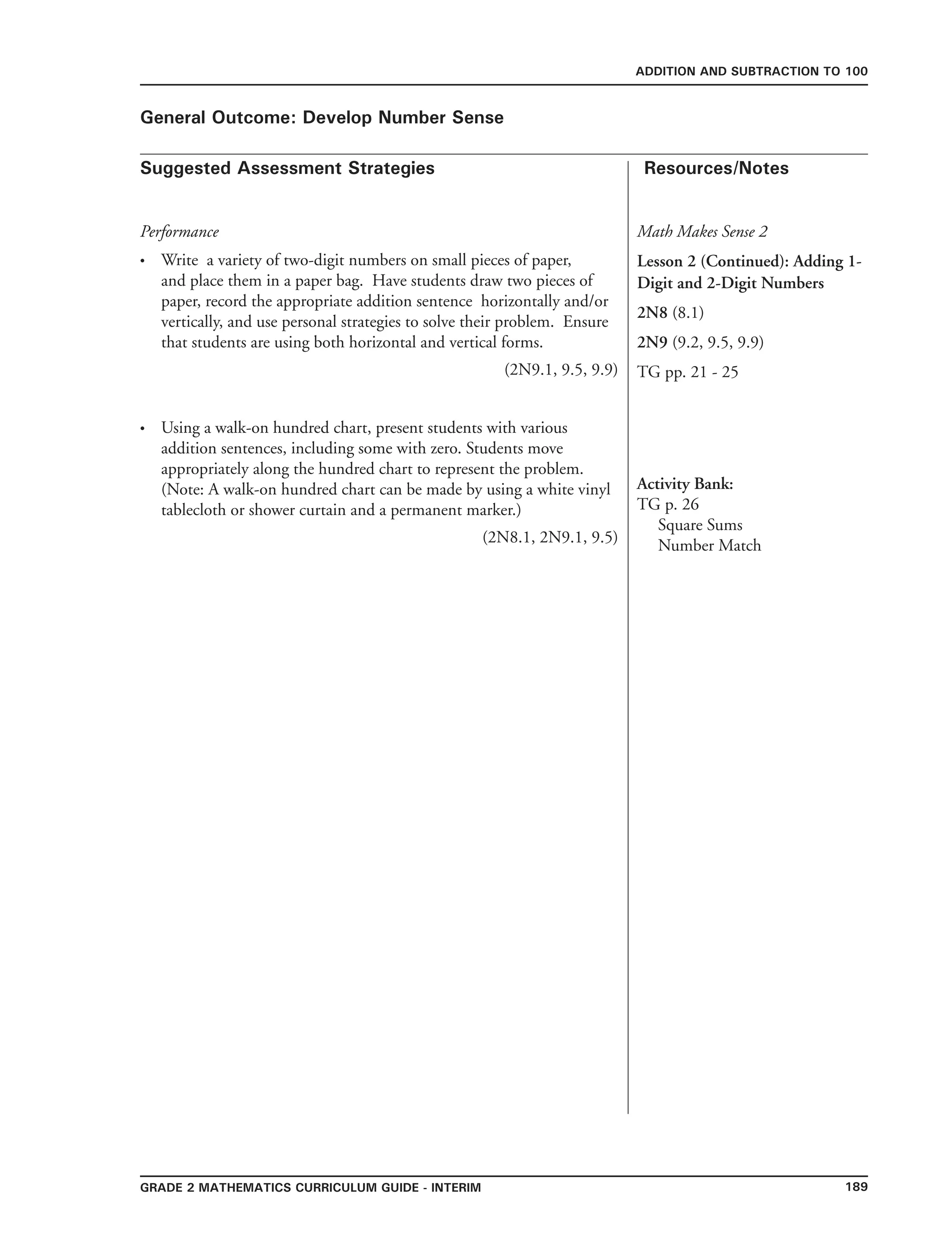 189grade 2 mathematics Curriculum Guide - INTERIM
Suggested Assessment Strategies Resources/Notes
ADDITION AND SUBTRACTION TO 100
General Outcome: Develop Number Sense
Performance
Write a variety of two-digit numbers on small pieces of paper,
and place them in a paper bag. Have students draw two pieces of
paper, record the appropriate addition sentence horizontally and/or
vertically, and use personal strategies to solve their problem. Ensure
that students are using both horizontal and vertical forms.
(2N9.1, 9.5, 9.9)
Using a walk-on hundred chart, present students with various
addition sentences, including some with zero. Students move
appropriately along the hundred chart to represent the problem.
(Note: A walk-on hundred chart can be made by using a white vinyl
tablecloth or shower curtain and a permanent marker.)
(2N8.1, 2N9.1, 9.5)
•
•
Math Makes Sense 2
Lesson 2 (Continued): Adding 1-
Digit and 2-Digit Numbers
2N8 (8.1)
2N9 (9.2, 9.5, 9.9)
TG pp. 21 - 25
Activity Bank:
TG p. 26
Square Sums
Number Match
 