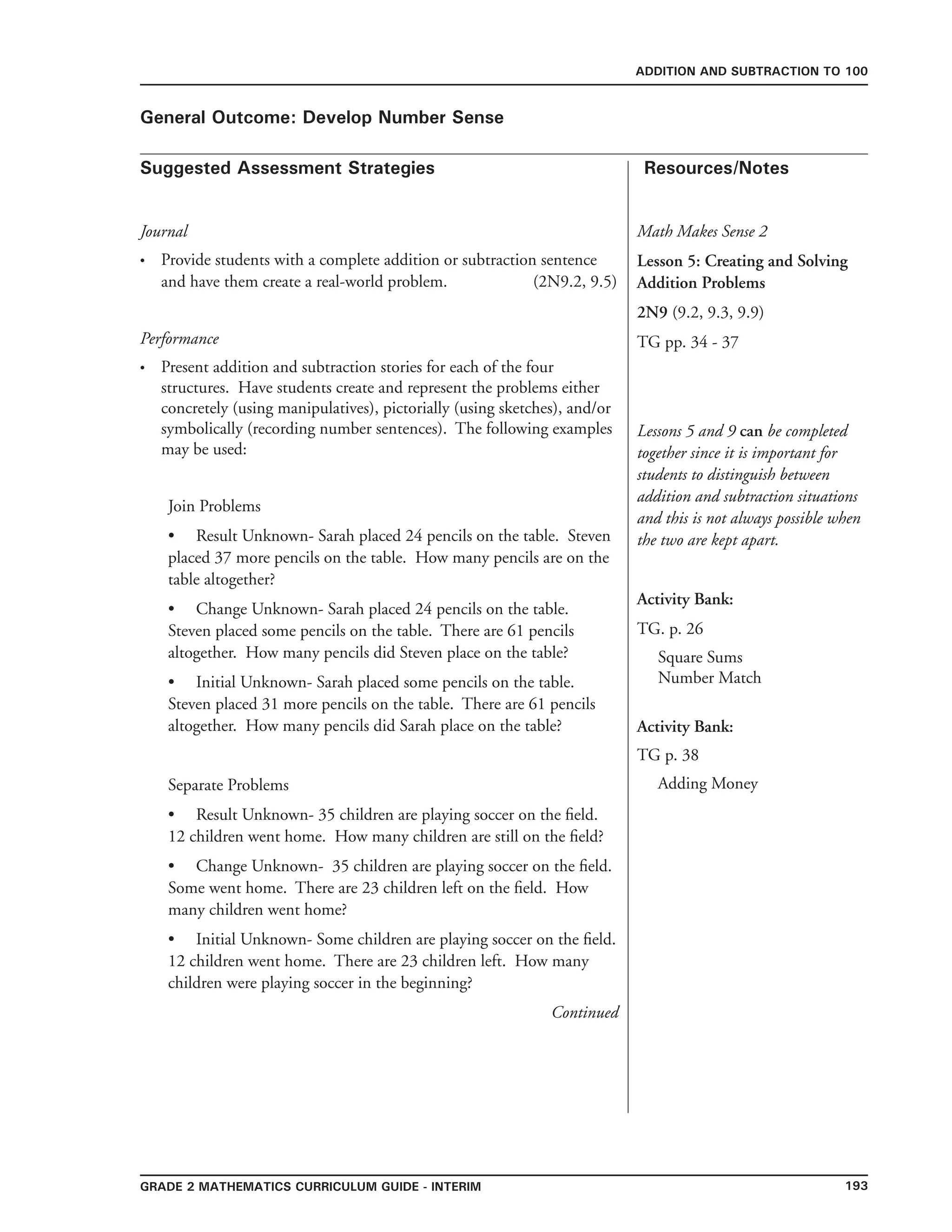 193grade 2 mathematics Curriculum Guide - INTERIM
Suggested Assessment Strategies Resources/Notes
ADDITION AND SUBTRACTION TO 100
General Outcome: Develop Number Sense
Journal
Provide students with a complete addition or subtraction sentence
and have them create a real-world problem. (2N9.2, 9.5)
Performance
Present addition and subtraction stories for each of the four
structures. Have students create and represent the problems either
concretely (using manipulatives), pictorially (using sketches), and/or
symbolically (recording number sentences). The following examples
may be used:
Join Problems
•	 Result Unknown- Sarah placed 24 pencils on the table. Steven
placed 37 more pencils on the table. How many pencils are on the
table altogether?
•	 Change Unknown- Sarah placed 24 pencils on the table.
Steven placed some pencils on the table. There are 61 pencils
altogether. How many pencils did Steven place on the table?
•	 Initial Unknown- Sarah placed some pencils on the table.
Steven placed 31 more pencils on the table. There are 61 pencils
altogether. How many pencils did Sarah place on the table?
Separate Problems
•	 Result Unknown- 35 children are playing soccer on the field.
12 children went home. How many children are still on the field?
•	 Change Unknown- 35 children are playing soccer on the field.
Some went home. There are 23 children left on the field. How
many children went home?
•	 Initial Unknown- Some children are playing soccer on the field.
12 children went home. There are 23 children left. How many
children were playing soccer in the beginning?
Continued
•
•
Math Makes Sense 2
Lesson 5: Creating and Solving
Addition Problems
2N9 (9.2, 9.3, 9.9)
TG pp. 34 - 37
Lessons 5 and 9 can be completed
together since it is important for
students to distinguish between
addition and subtraction situations
and this is not always possible when
the two are kept apart.
Activity Bank:
TG. p. 26
Square Sums
Number Match
Activity Bank:
TG p. 38
Adding Money
 
