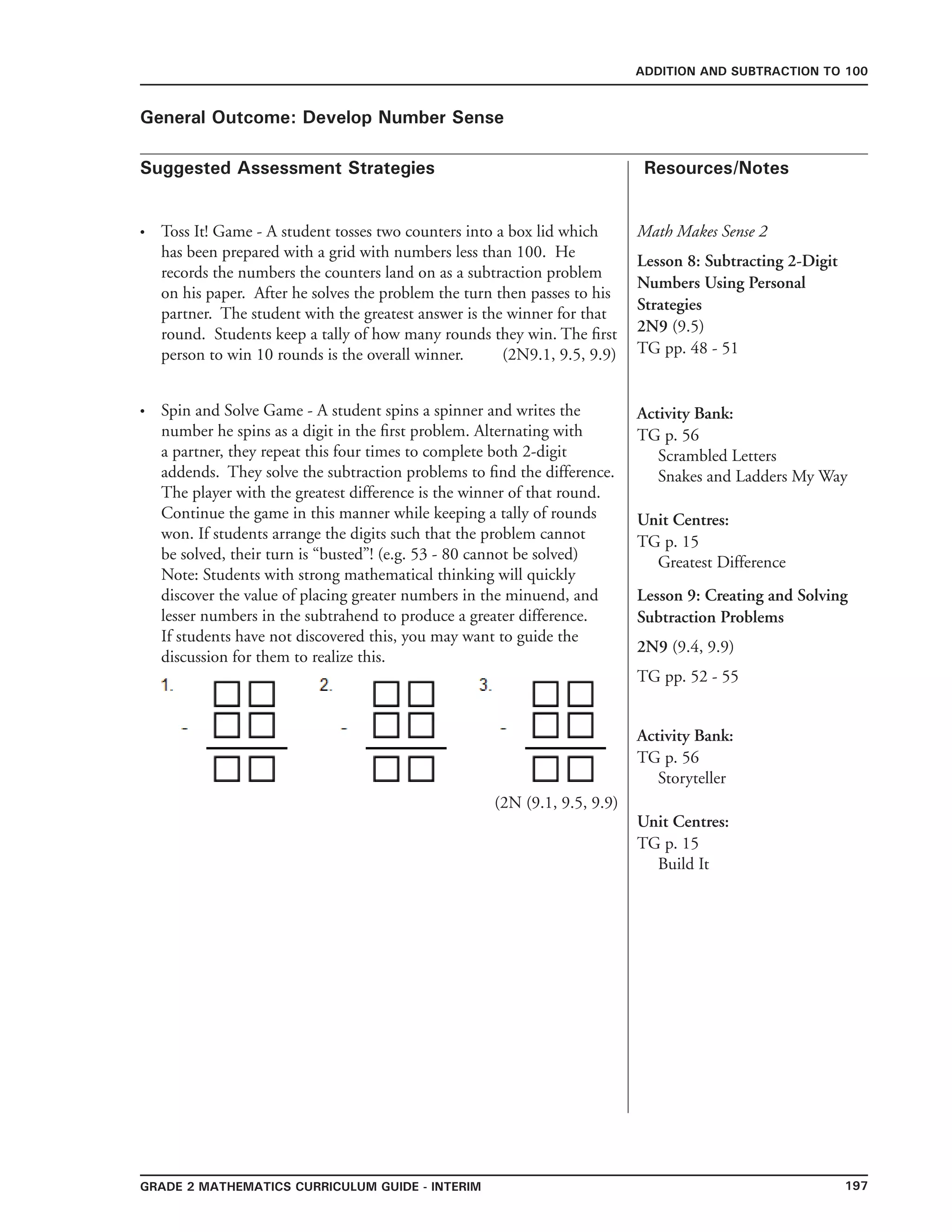 197grade 2 mathematics Curriculum Guide - INTERIM
Suggested Assessment Strategies Resources/Notes
ADDITION AND SUBTRACTION TO 100
General Outcome: Develop Number Sense
Toss It! Game - A student tosses two counters into a box lid which
has been prepared with a grid with numbers less than 100. He
records the numbers the counters land on as a subtraction problem
on his paper. After he solves the problem the turn then passes to his
partner. The student with the greatest answer is the winner for that
round. Students keep a tally of how many rounds they win. The first
person to win 10 rounds is the overall winner. (2N9.1, 9.5, 9.9)
Spin and Solve Game - A student spins a spinner and writes the
number he spins as a digit in the first problem. Alternating with
a partner, they repeat this four times to complete both 2-digit
addends. They solve the subtraction problems to find the difference.
The player with the greatest difference is the winner of that round.
Continue the game in this manner while keeping a tally of rounds
won. If students arrange the digits such that the problem cannot
be solved, their turn is “busted”! (e.g. 53 - 80 cannot be solved)
Note: Students with strong mathematical thinking will quickly
discover the value of placing greater numbers in the minuend, and
lesser numbers in the subtrahend to produce a greater difference.
If students have not discovered this, you may want to guide the
discussion for them to realize this.
(2N (9.1, 9.5, 9.9)
•
•
Math Makes Sense 2
Lesson 8: Subtracting 2-Digit
Numbers Using Personal
Strategies
2N9 (9.5)
TG pp. 48 - 51
Activity Bank:
TG p. 56
Scrambled Letters
Snakes and Ladders My Way
Unit Centres:
TG p. 15
Greatest Difference
Lesson 9: Creating and Solving
Subtraction Problems
2N9 (9.4, 9.9)
TG pp. 52 - 55
Activity Bank:
TG p. 56
Storyteller
Unit Centres:
TG p. 15
Build It
 
