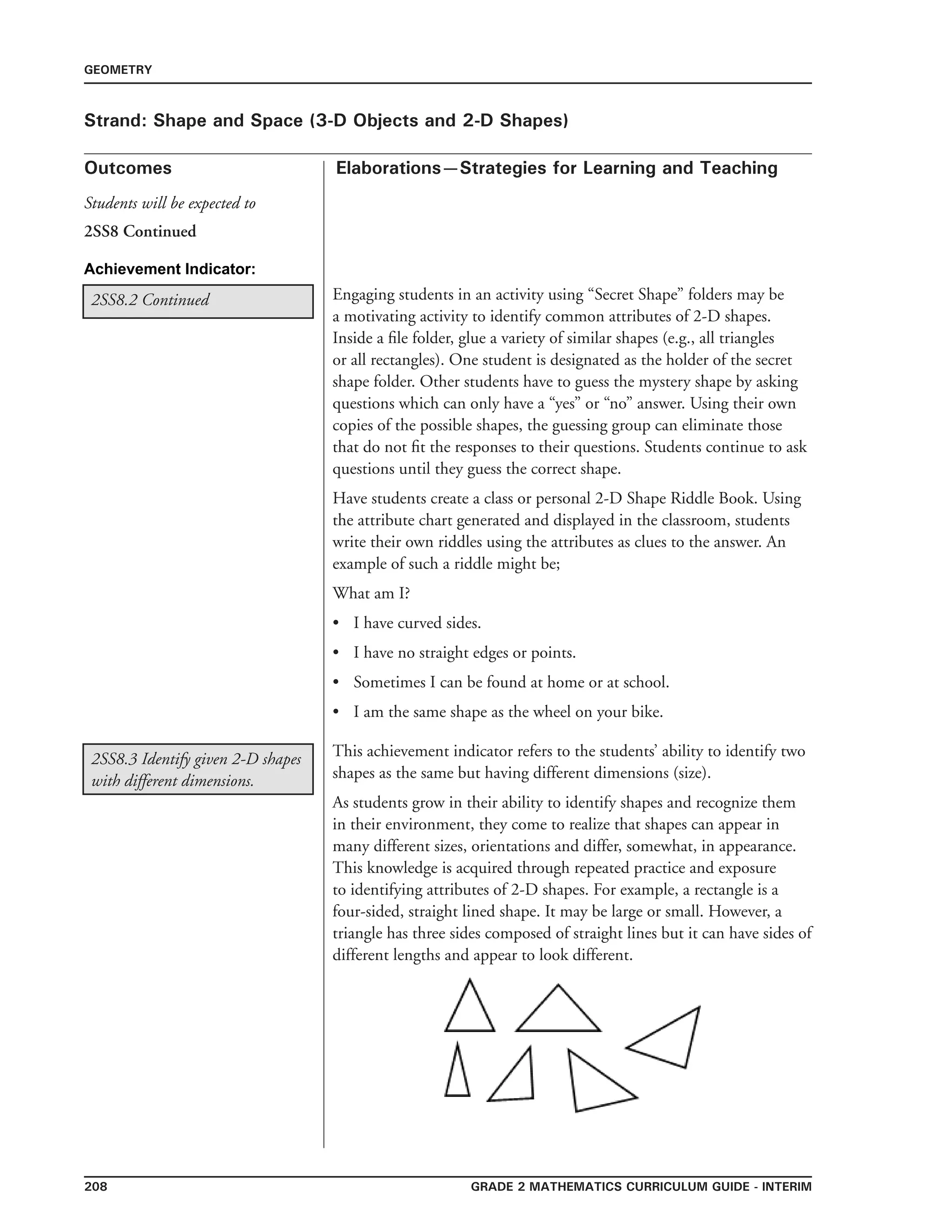 208 Grade 2 mathematics Curriculum Guide - interim
Outcomes
GEOMETRY
Elaborations—Strategies for Learning and Teaching
Students will be expected to
Strand: Shape and Space (3-D Objects and 2-D Shapes)
2SS8 Continued
Engaging students in an activity using “Secret Shape” folders may be
a motivating activity to identify common attributes of 2-D shapes.
Inside a file folder, glue a variety of similar shapes (e.g., all triangles
or all rectangles). One student is designated as the holder of the secret
shape folder. Other students have to guess the mystery shape by asking
questions which can only have a “yes” or “no” answer. Using their own
copies of the possible shapes, the guessing group can eliminate those
that do not fit the responses to their questions. Students continue to ask
questions until they guess the correct shape.
Have students create a class or personal 2-D Shape Riddle Book. Using
the attribute chart generated and displayed in the classroom, students
write their own riddles using the attributes as clues to the answer. An
example of such a riddle might be;
What am I?
•	 I have curved sides.
•	 I have no straight edges or points.
•	 Sometimes I can be found at home or at school.
•	 I am the same shape as the wheel on your bike.
2SS8.2 Continued
Achievement Indicator:
2SS8.3 Identify given 2-D shapes
with different dimensions.
This achievement indicator refers to the students’ ability to identify two
shapes as the same but having different dimensions (size).
As students grow in their ability to identify shapes and recognize them
in their environment, they come to realize that shapes can appear in
many different sizes, orientations and differ, somewhat, in appearance.
This knowledge is acquired through repeated practice and exposure
to identifying attributes of 2-D shapes. For example, a rectangle is a
four-sided, straight lined shape. It may be large or small. However, a
triangle has three sides composed of straight lines but it can have sides of
different lengths and appear to look different.
 