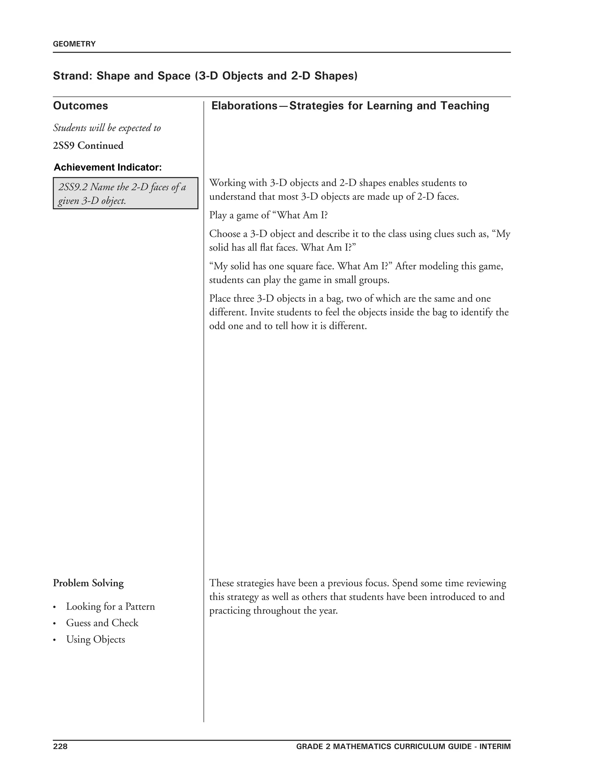 228 Grade 2 mathematics Curriculum Guide - interim
Outcomes
GEOMETRY
Elaborations—Strategies for Learning and Teaching
Students will be expected to
Strand: Shape and Space (3-D Objects and 2-D Shapes)
2SS9 Continued
Working with 3-D objects and 2-D shapes enables students to
understand that most 3-D objects are made up of 2-D faces.
Play a game of “What Am I?
Choose a 3-D object and describe it to the class using clues such as, “My
solid has all flat faces. What Am I?”
“My solid has one square face. What Am I?” After modeling this game,
students can play the game in small groups.
Place three 3-D objects in a bag, two of which are the same and one
different. Invite students to feel the objects inside the bag to identify the
odd one and to tell how it is different.
Achievement Indicator:
2SS9.2 Name the 2-D faces of a
given 3-D object.
Problem Solving
Looking for a Pattern
Guess and Check
Using Objects
•
•
•
These strategies have been a previous focus. Spend some time reviewing
this strategy as well as others that students have been introduced to and
practicing throughout the year.
 