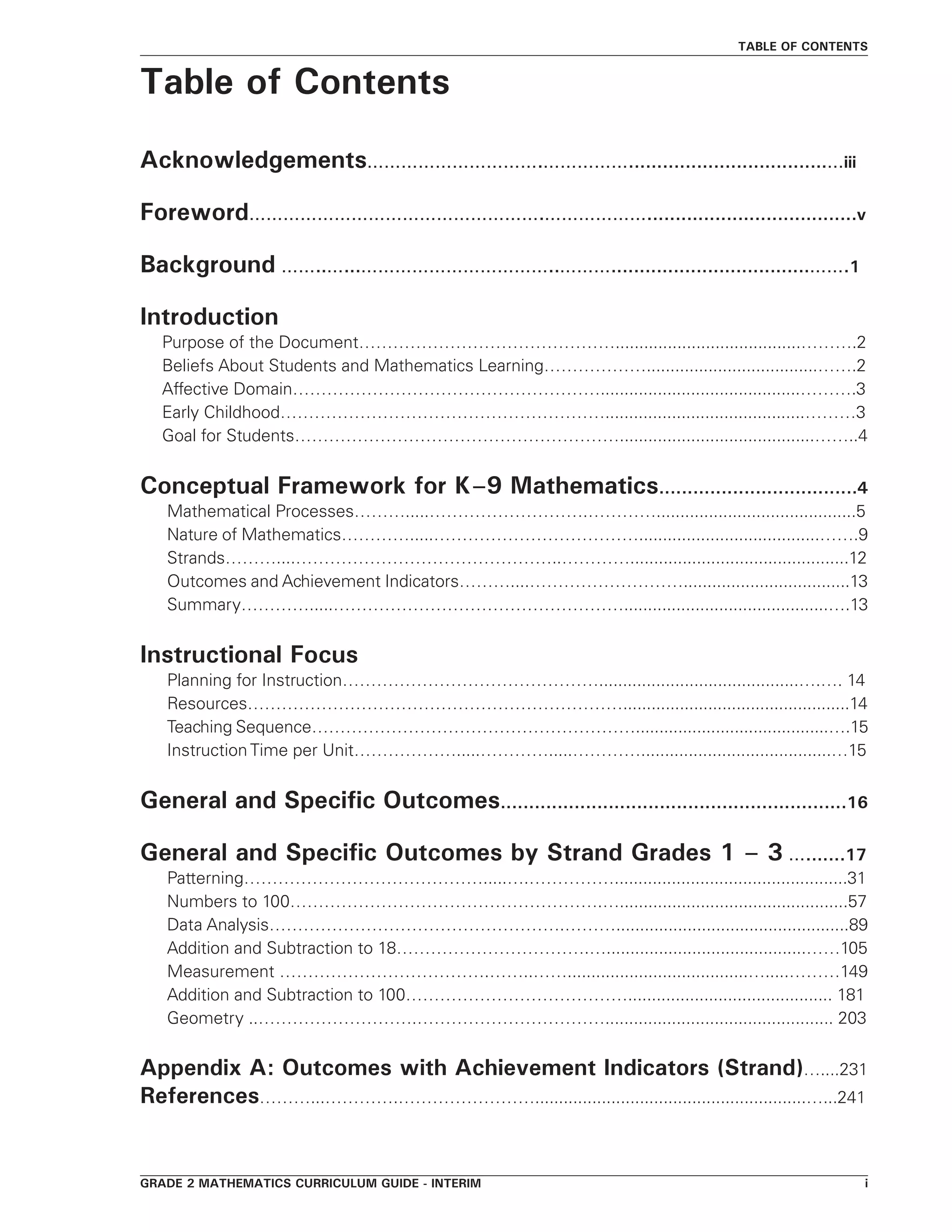 grade 2 mathematics curriculum guide - interim 
TABLE OF Contents
Table of Contents
Acknowledgements………………………….……………...................................…iii
Foreword…………………………………………….……………….....................................v
Background ……..…...……………………………..………...................................…….1
Introduction
	 Purpose of the Document……………………………………….......................................……….2    
	 Beliefs About Students and Mathematics Learning………………....................................…….2
	 Affective Domain………………………………………………..........................................……….3    
	 Early Childhood…………………………………………………..........................................………3    
	 Goal for Students………………………………………………….........................................……..4
Conceptual Framework for K–9 Mathematics...................................4
Mathematical Processes……….....……………………….…………..........................................5    
Nature of Mathematics………….....………………………………......................................…….9  
Strands………....………………………………………..…………..............................................12
Outcomes and Achievement Indicators………....………………………...................................13
Summary………….....……………………………………………...........................................….13  
Instructional Focus
Planning for Instruction………………………………………..........................................….…. 14
Resources…………………………………………………………................................................14
Teaching Sequence………………………………………………….........................................….15
Instruction Time per Unit……………….....………….....…………........................................…15
General and Specific Outcomes.............................................................16
General and Specific Outcomes by Strand Grades 1 – 3 ….......17
Patterning…………………………………….....….…………….................................................31
Numbers to 100……………………………………………….…................................................57
Data Analysis…………………………………………….……….................................................89
Addition and Subtraction to 18…………………………….…..........................................……105
Measurement ……………………………….……..……......................................….....………149
Addition and Subtraction to 100…………………………………........................................... 181
Geometry ..……………………….……………………………................................................ 203
Appendix A: Outcomes with Achievement Indicators (Strand)…....231
References………...………….…………………….........................................................…...241
 